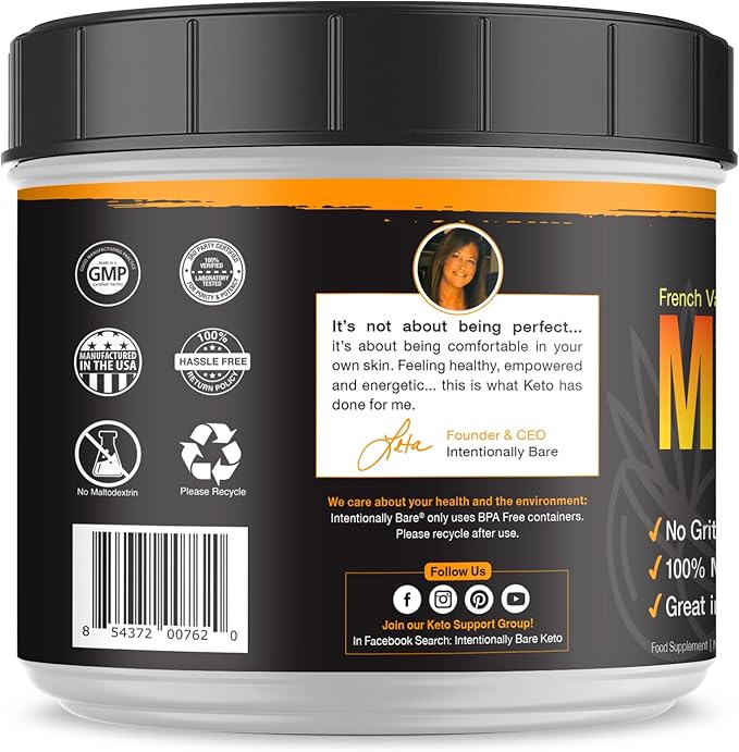 Intentionally Bare MCT Oil Powder French Vanilla MCT Coffee Creamer - C8 MCT Oil Powder for Energy &amp Metabolism - No Grit Keto Energy Blend Excellent in Baking Shakes &amp Creamer for Coffee - 4