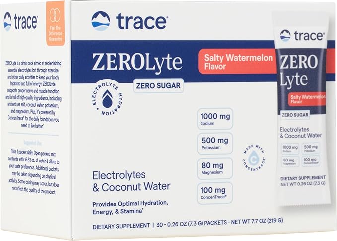 Trace Minerals ZeroLyte Salty Watermelon Flavor - Sugar Free Electrolyte Drink Mix - Supports Hydration Energy Stamina - Ancient Sea Salt Full Spectrum Minerals Coconut Water - 30 Packets