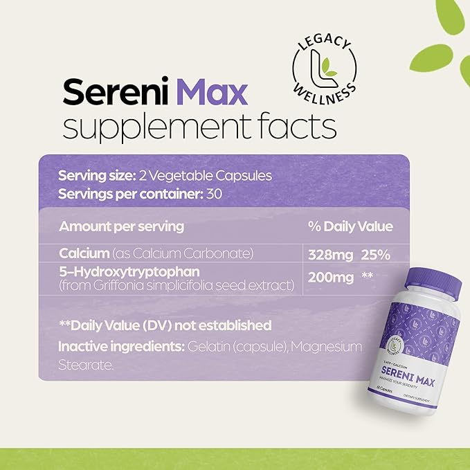 SERINI-MAX - 5-HTP Mood Support Supplement + Calcium - Supports Calm &amp Peaceful State of Mind - Boost Serotonin 5HTP 200mg for Stress Management &amp Sleep Support Supplements - 60 Capsules