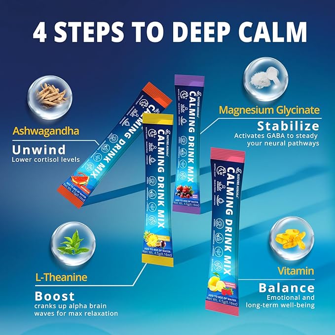 Cortisol Calm Drink Mix with Magnesium Glycinate Powder L-Theanine Vitamins Ashwagandha &amp Mushroom Calming Powdered Drink Mix for Relax Focus Sleep &amp Stress Relief Variety 28 Packets