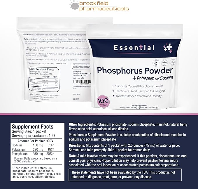 Phosphorus Supplements 100 Packets Dietary Supplements Powder with Sodium Phosphate and Potassium Phosphate Fruit Flavored Phosphorous Supplement Powder for Electrolyte Bone Health &amp Kidney Hea