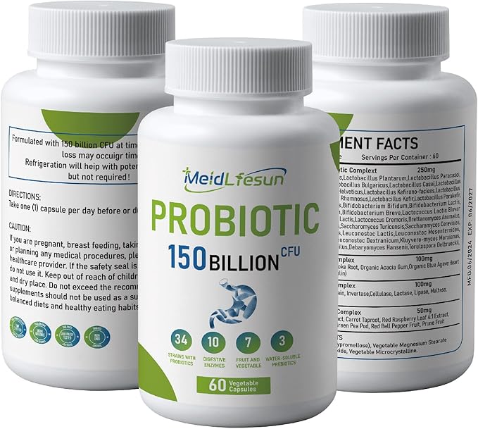 Organic Probiotic and Prebiotics150 Billion CFU 34 Strains Digestive Enzymesfor Men and Women 60 Vegan Capsules for Gut Health &amp Digestive Support Non-GMO Gluten Free