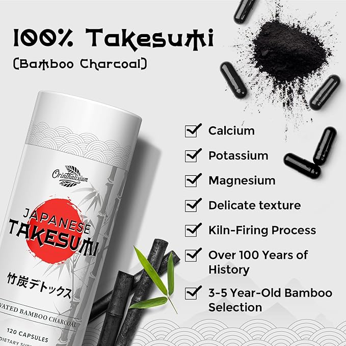 Orinthalixium Takesumi Bamboo Charcoal 2000mg – Activated Charcoal from Bamboo for Max Absorption Detox &amp Gut 120 Vegan Capsules（2 Bottle）