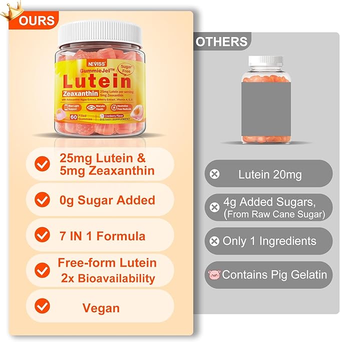 Sugar-Free Lutein Zeaxanthin Supplements Gummies (25mg) Vitamins A C E Bilberry Astaxanthin - Coconut Oil for Better Absorption - Adults &amp Teens Vision Health Eye Strain Dry Eyes - Vegan 60
