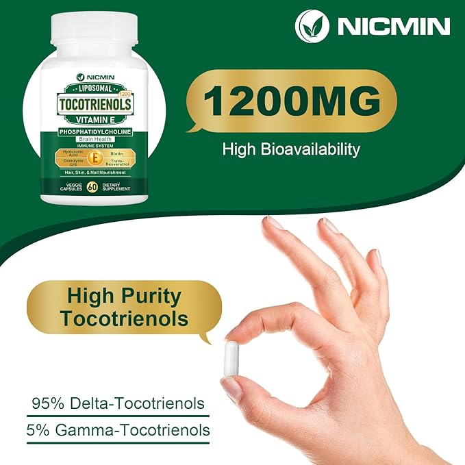 1200MG Vitamin E Tocotrienols Liposomal Tocotrienols Supplement with Phosphatidylcholine 95% Delta-tocotrienols and 5% Gamma-tocotrienols High Absorption for Heart Brain Function 120 Capsules