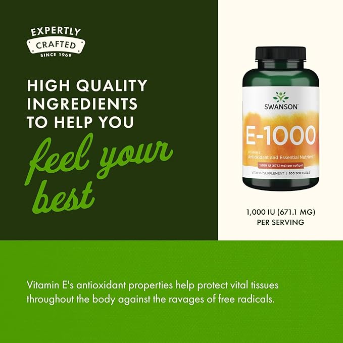 Swanson Vitamin E - Natural Vitamin Supplement Promoting Cardiovascular Health - Natural Formula Delivering Essential D-Alpha Tocopherols - (100 Softgels 1000 IU Each)