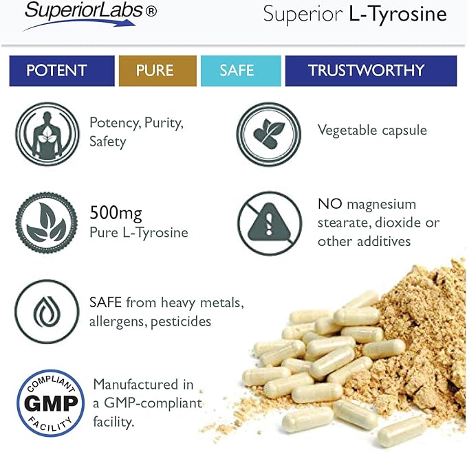 Superior Labs L-Tyrosine 500 mg Pure Non-GMO Nootropic Amino Acid High Absorption Mood &amp Focus Support Stress Relief Cognitive &amp Mental Clarity Thyroid &amp Alertness Support120 Veg Ca