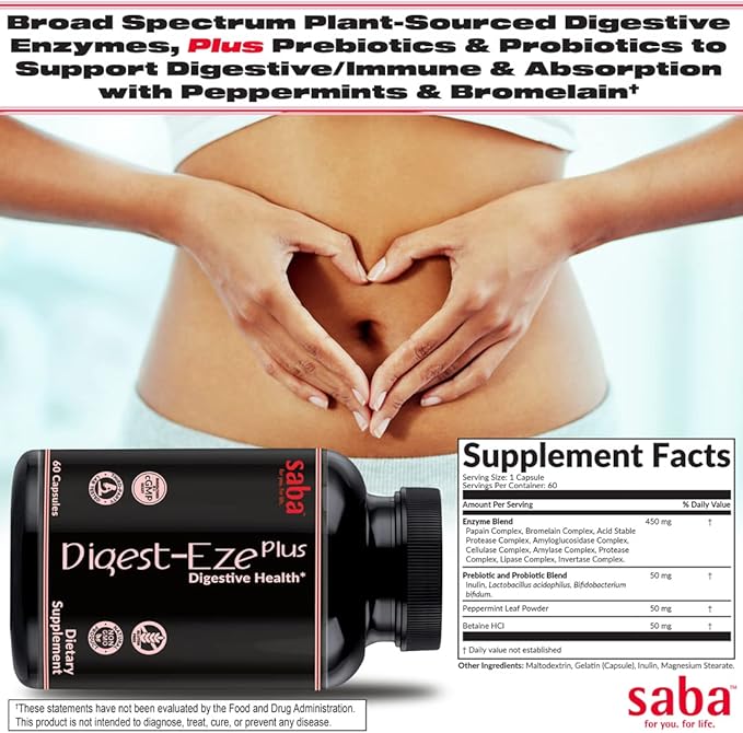 Saba Digestive-EZE Plus–Broad Spectrum Plant-Sourced Enzymes Prebiotics &amp Probiotics -Support Digestive &amp Gut Functions Immunity &amp Absorption with Betaine Bromelain -60 Capsules