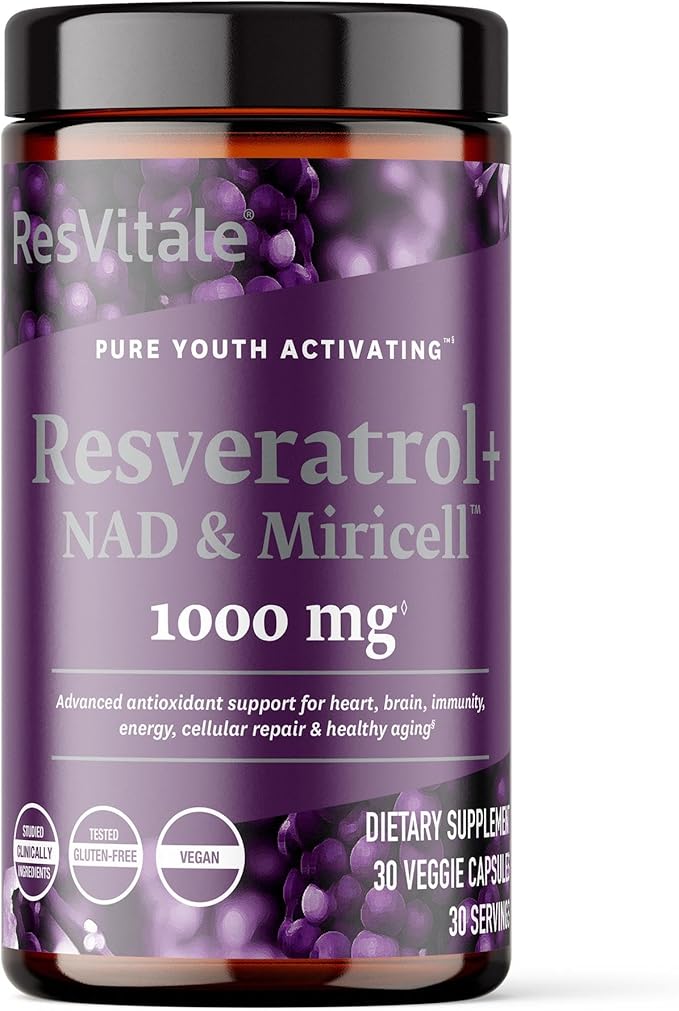 ResVitále Resveratrol + NAD &amp Miricell 1000 mg - Advanced Antioxidant Support for Brain Heart Energy &amp More - 30 Veggie Capsules (30 Servings)