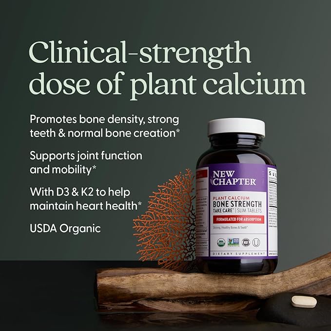 New Chapter Calcium Supplement - Bone Strength Plant-Based USDA Organic Calcium with Magnesium Vitamin D3+K2 for Bone Health &amp Joint Mobility Heart Support 905 mg dose - 120 Slim Tablets
