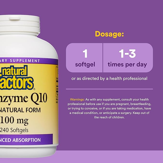 Natural Factors Coenzyme Q10 - Antioxidant Support Supplement Supports Cellular Energy Production - Better Absorption Aids Healthy Heart Function - 100 mg 240 Softgels (240 Servings)