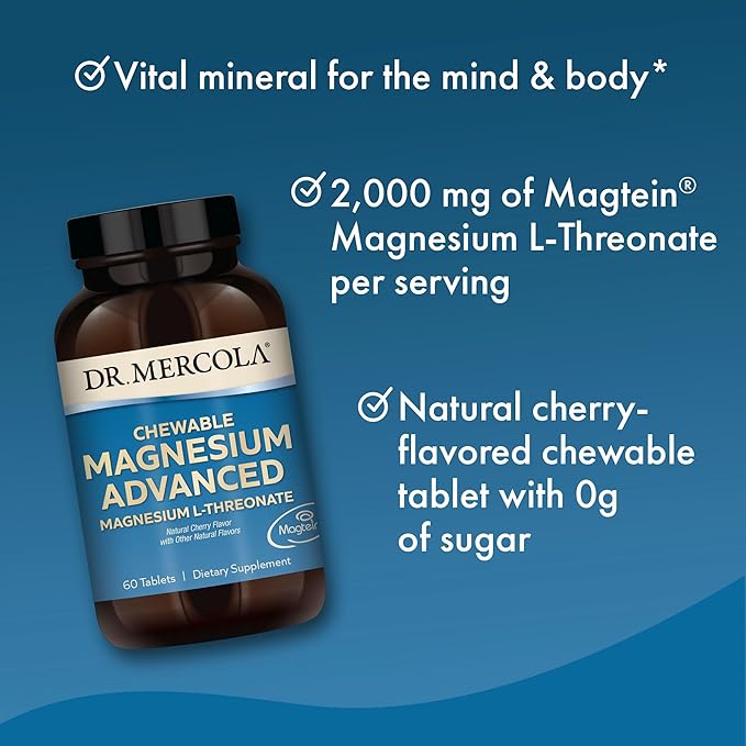 Dr. Mercola Magnesium Chewable Advanced 30 Servings (60 Tablets) Dietary Supplement Magnesium L-Threonate Cherry Flavor Non-GMO