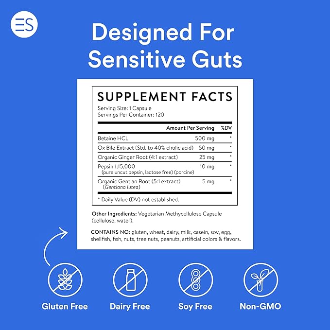 Essential Stacks Beat Bloating Bundle - Digestive Enzymes (60 ct) &amp Betaine HCL with Pepsin (120 ct)