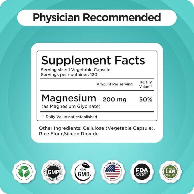 Balancebreens Magnesium Glycinate 200mg - Magnesium Bisglycinate Chelated Supplements for High Absorption - Non GMO and Gluten Free Gentle on Stomach for Restful Sleep and Muscle Support 120 Count