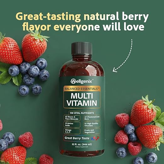 Wellgenix Balanced Essentials Plus New Formula - Berry Flavor 32oz (Pack of 2) - Complete Multivitamin Supplement - Immune Boosting &amp Overall Health - Adults Kids Toddlers (Packaging May Vary)