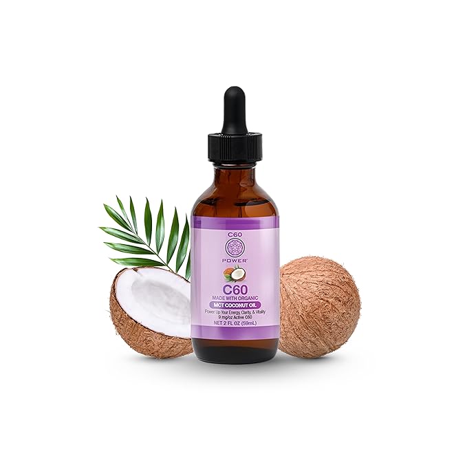 C60 Power C60 in Organic MCT Coconut Oil - Natural Wellness &amp Antioxidant Support for Men &amp Women 99.99% Pure Carbon Fullerenes Promotes Energy Mental Clarity &amp Stamina - 2 fl oz Bottl
