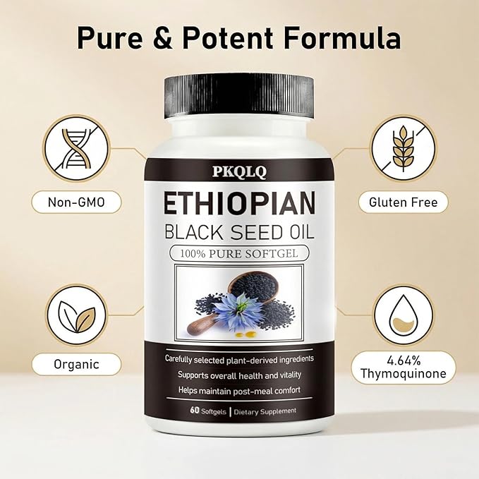 Organic Ethiopian Black Seed Oil Softgels 60 Count - Cold-Pressed with Occurring Thymoquinone Plant-Based for Daily Wellness (1)