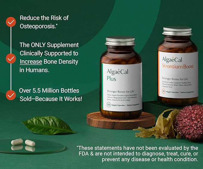 ALGAECAL Bone Builder Pack - Plant Based Calcium Supplement &amp Strontium - Organic Calcium 750mg with Vitamin D3 1600 IU Vitamin K2 Magnesium 16 Nutrients for Bone Health &amp Density (3-Month