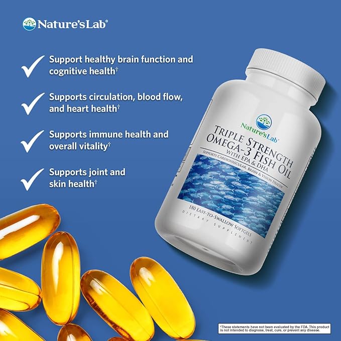 Nature's Lab Triple Strength Omega-3 Fish Oil with EPA &amp DHA - Supports Healthy Brain Function Cognitive Health &amp Circulation - 180 Softgels (3 Month Supply)