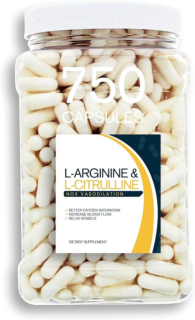 NOX Blend - 750 Capsules of L-Arginine &amp L-Citrulline in a Clear Square Grip Jar