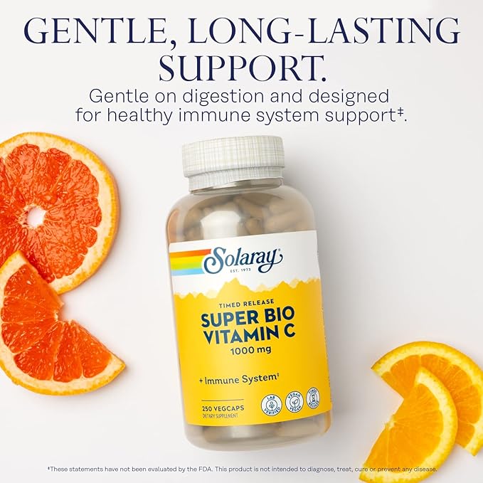 SOLARAY Super Bio Vitamin C 1000mg Buffered Two-Stage Timed Release with Bioflavonoids Immune Support Supplement High Absorption Vegan 60-Day Guarantee – 250 VegCaps