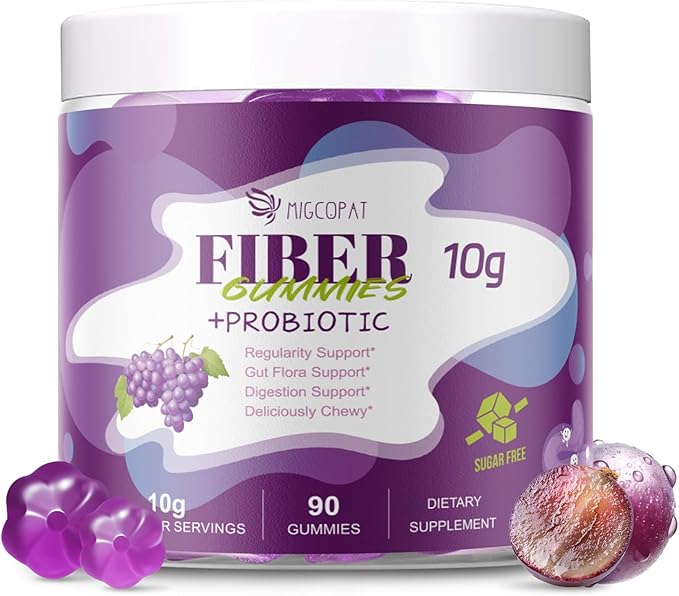 Migcopat 10G Fiber Gummies for Adults No Sugar Added Grape Flavor Fiber Supplement with 30 Billion CFU Probiotics Blend ACV Vitamin C Inulin Support Digestive Health 90 Count