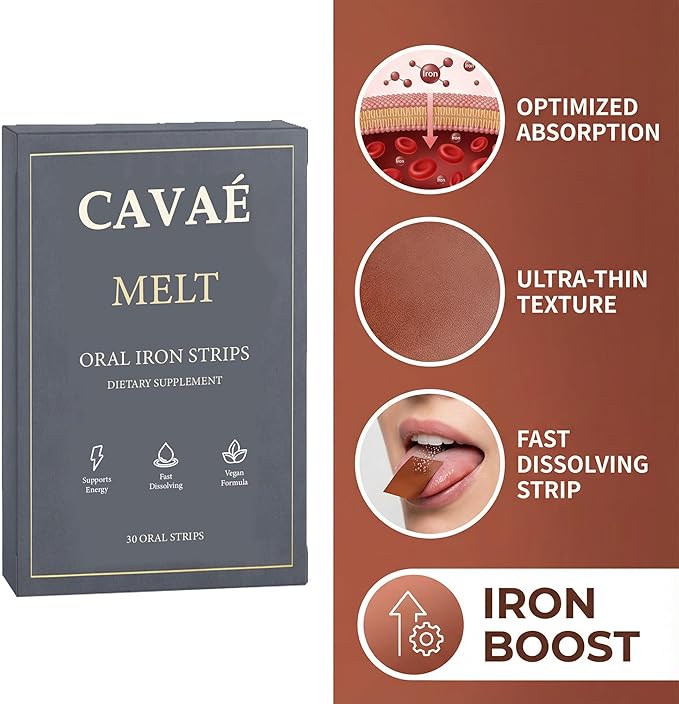 Cavae Oral Iron Strips Oral Dissolving Film 19 mg Iron Per Strip 30 Oral Iron Support for Energy Raspberry Flavor No Water Needed