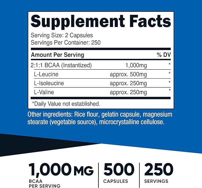 Nutricost BCAA 1000mg 500 Capsules (250 Serv) 2:1:1 Branched Chain Amino Acids (500mg of L-Leucine 250mg of L-Isoleucine and L-Valine)