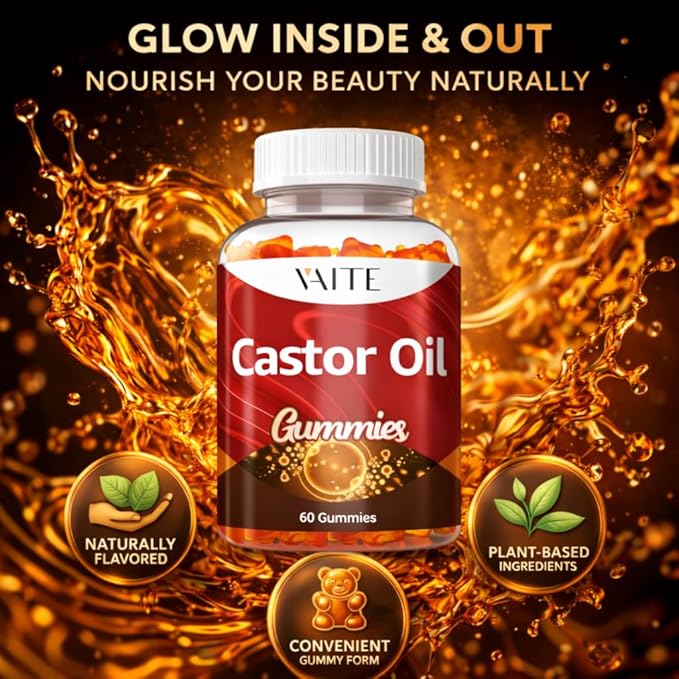 Castor Oil Gummies 1000mg - Natural Digestive Supports Skin Nails &amp Thicker Hair Growth Ricinus Communis Seed Extract Plant-Based Vegan Non-GMO Gluten-Free No Artificial Flavors 60 Chewab