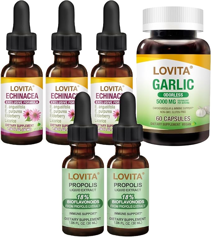 LOVITA Seasonal Defense Bundle - 2 Propolis Drops 3 Echinacea Liquids &amp 1 Garlic Extract Max Respiratory Support (6 Pc Set)