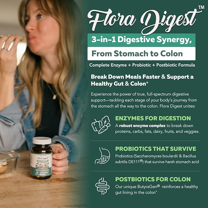 Flora Digest - 3-in-1 Max Strength Digestive Enzymes + Gut Surviving Probiotics &amp ButyraGen® Postbiotic for Optimal Digestion Bloating Relief Regularity Gut Lining &amp Colon Support - (60 Cap