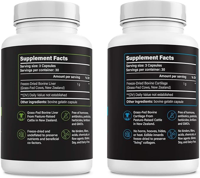Duo – Grass-Fed Beef Liver &amp Bovine Cartilage Capsules: Freeze-Dried Whole-Food Organ Supplement Type II Collagen Supplement for Joint Support Mobility &amp Nutrient-Dense Energy (2 x 90caps)