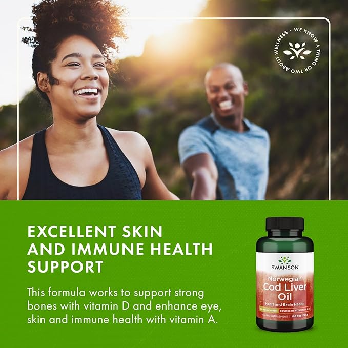 Swanson Cod Liver Oil - Wellness Supplement Promoting Bone Skin Health Vision Support &amp Immune System Function w/High Absorption Vitamin A - (180 Softgels 350mg Each) 2 Pack