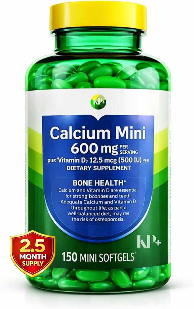 KP+ Calcium Mini 600 mg Plus Vitamin D3 12.5 mcg (500 IU) | Bone &amp Teeth Health Support | Dietary Supplement | 150 Mini Softgels | Pack of 1