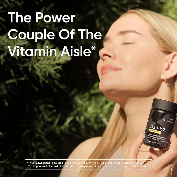 Sports Research® Vitamin D3 + K2 with 10000iu of Plant-Based D3 &amp 100mcg of Vitamin K2 as MK-7 | Non-GMO Verified &amp Vegan Certified 60ct