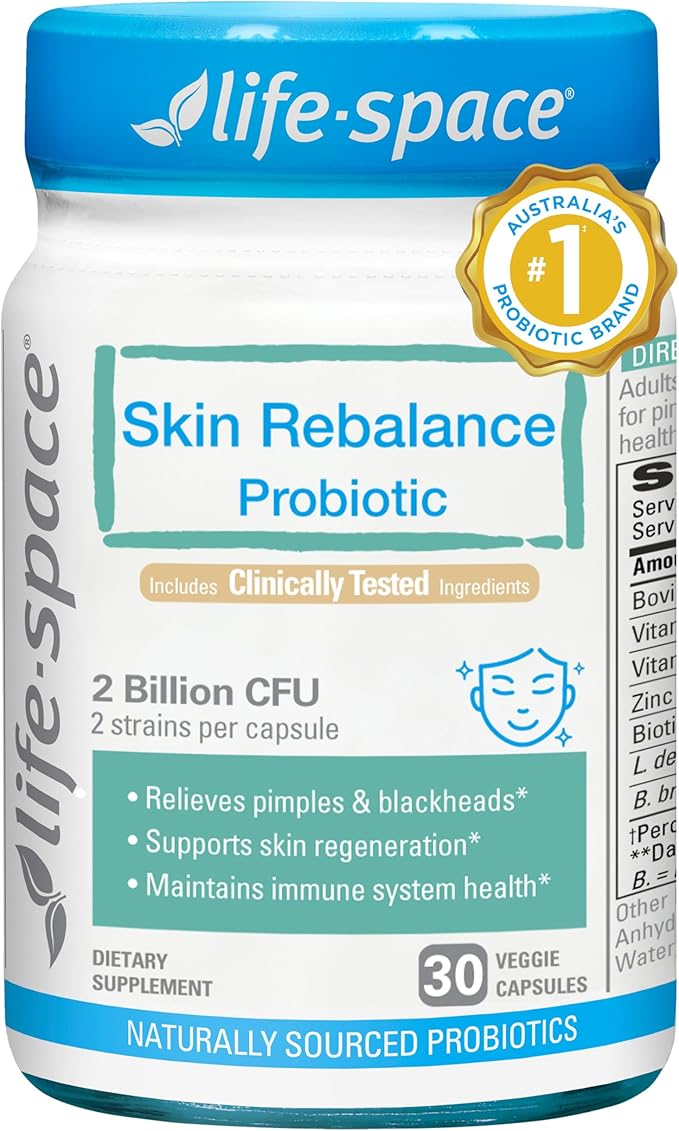Life-Space Acne Relief + Skin Rebalance Probiotic 6-in-1 Scientific Formula &amp 2 Billion CFU Support Breakout Control &amp Skin Health &amp Gut Health Probiotics for Women &amp Men 30 Vegeta