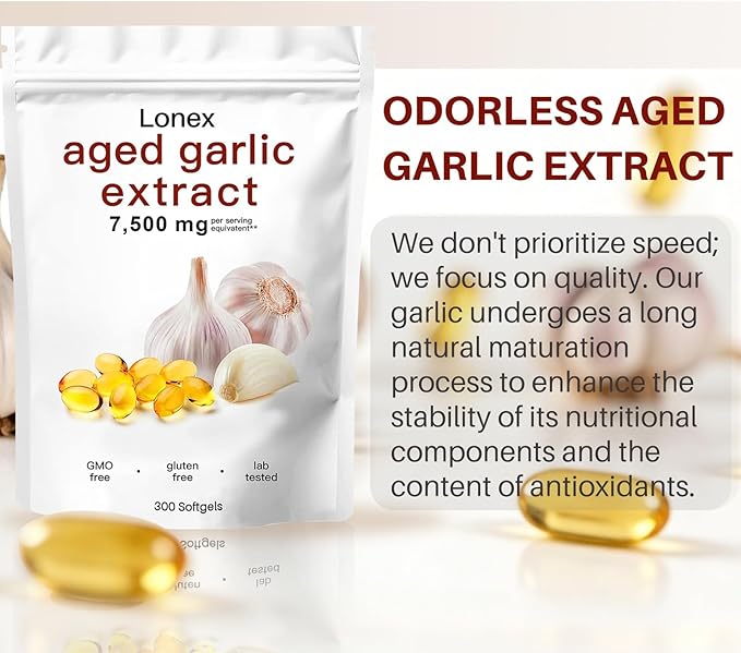 Lonex Aged Garlic Extract7500mg Odorless Organic Garlic Capsules for Heart &amp Immune Antioxidant SupplementsVegetarian All-Natural Non-GMOGluten-Free300 Softgels