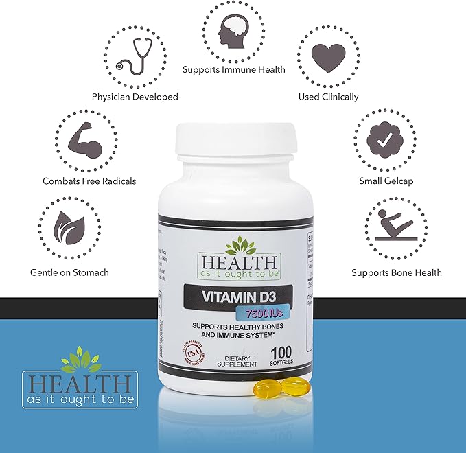 Health As It Ought To Be Vitamin D3 7500 IU Supplement 188mcg – Physician Formulated – Supports Bone &amp Immune Health – 100 Softgels