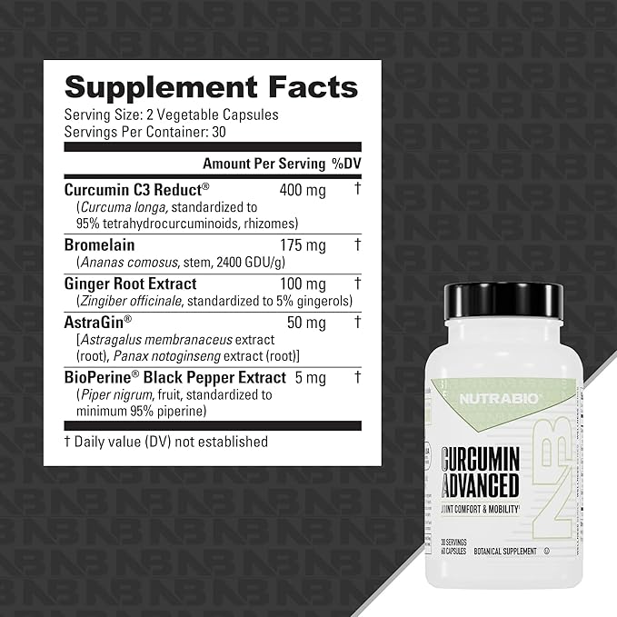 NutraBio Curcumin Advanced Digestion &amp Joint Support Complex with Bromelain and Ginger Root Extract 60 Vegetable Capsules