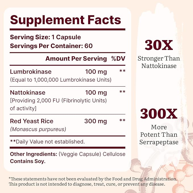 Lumbrokinase 100mg (Max Activity 1000000 LKU)Nattokinase 100mg-2000 FU of Activity and Red Yeast Rice 300mg Lumbrokinase Enzymes Supplement for CirculatoryCognition120 Capsules(Pack of 2)