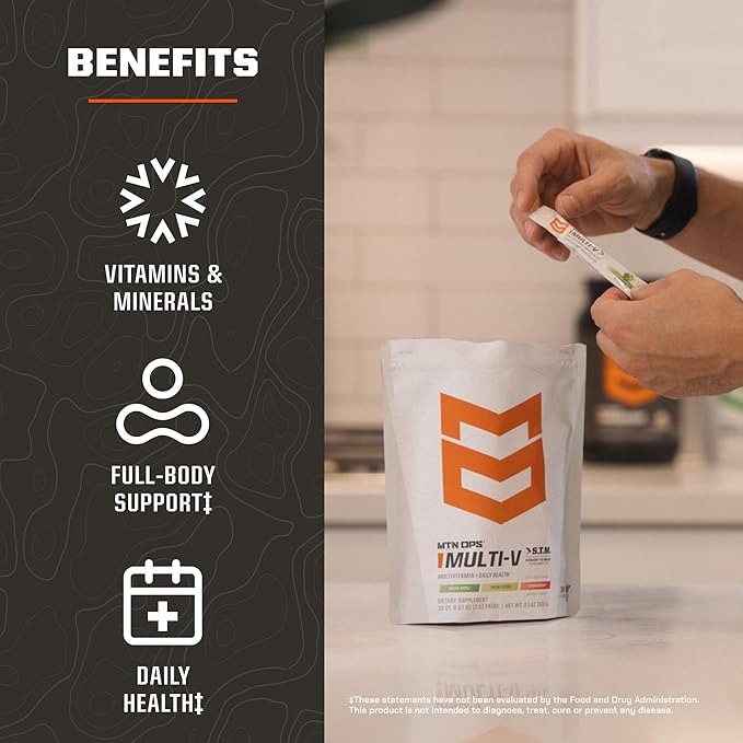 MTN OPS Multi‑V STM On‑the‑Go Daily Multivitamin for Men Women &amp Kids – Straight‑to‑Mouth Vitamin C D3 B Zinc Packs – Gluten Free Natural Flavors 30 Servings