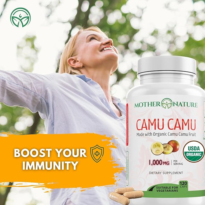Organic Vitamin C from Camu Camu Capsules 1000mg Packed with Natural VIT C Raw Antioxidants - Immune Support Supplement &amp Anti-Aging for Skin - Powder Organic Vegan Non-GMO (120 Count)