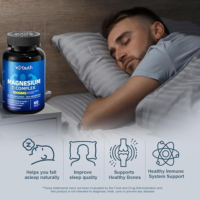 Magnesium 7 Complex Supplement Advanced with Glycinate Citrate Malate Chelate Taurate Orotate Aspartate Capsules with Zinc Vitamin D3 &amp B6 for Sleep Muscle Relief 60 Capsules
