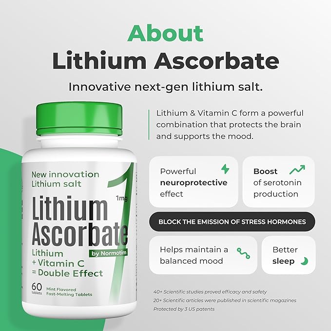 Lithium Ascorbate 1mg with Vitamin C – Brain Supplement for Focus Memory Mood &amp Stress Support – Cognitive Enhancer – 60 Tablets + Bonus Lithium Orotate (120 Tablets)