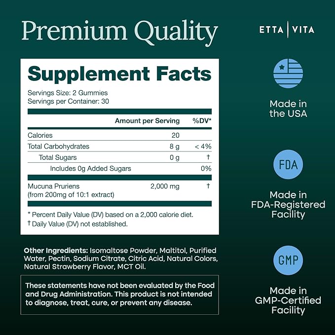 Dopamine Supplement - Sugar-Free Mucuna Pruriens Gummies (2g/serving) Energy &amp Focus Gummies - Potent Mucuna Pruriens Extract Supplement for Calm Mood and Motivation Vegan Non-GMO Gluten-Free