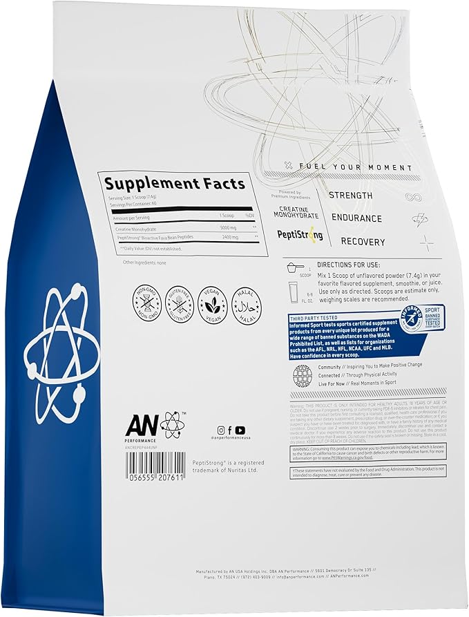 an Performance Creatine Monohydrate + Peptide | Micronized Powder | 5g Creatine 2.4g PeptiStrong | Vegan Gluten-Free Non-GMO | Workout Supplement for Men &amp Women | Unflavored | 60 Servings