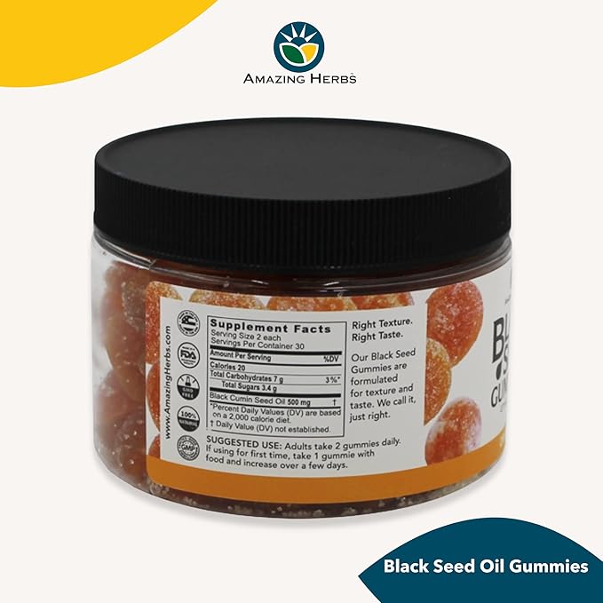 Amazing Herbs Organic Black Seed Oil Gummies - 500mg Per Serving Cold Pressed Black Cumin Seed Made with Nigella Sativa Helps Boost Immunity Supports Healthy Digestion - Orange Flavor 60 Count