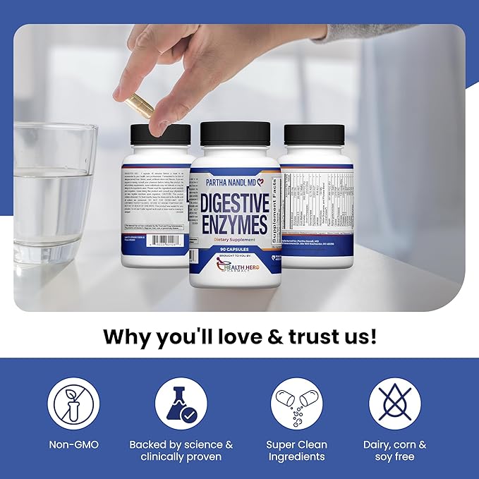 Digestive Enzymes Supplement – Designed to support Gas Bloating &amp Nutrient Absorption – Full Spectrum Protease Amylase Lipase Cellulase Lactase – Vegan Non-GMO Gluten-Free – 90 Capsules