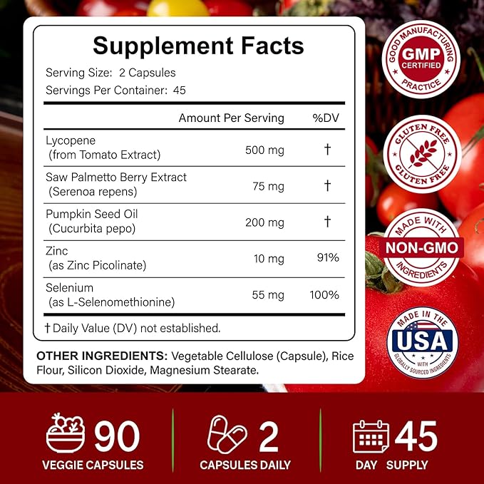 Lycopene 500MG &amp Prostate Supplement for Men 5-in-1 | Supports Heart &amp Skin Health with Saw Palmetto Berry Extract Pumpkin Seed Oil Zinc &amp Selenium | Vegan Non-GMO 90 Capsules
