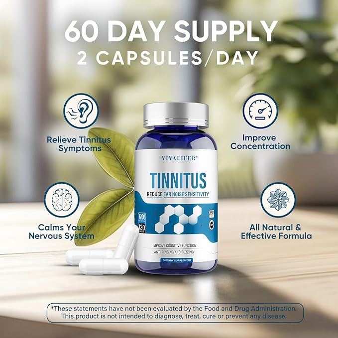 Tinnitus Relief for Ringing Ears 120 Capsules Supplement with Vitamin C &amp B Complex Supports Ear Health Reduces Ringing in Ears Promotes Hearing Wellness &amp Comfort